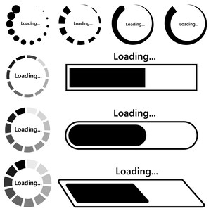May include: A collection of black and gray loading icons and progress bars, each featuring the text Loading... in a simple sans-serif font. The set includes circular spinners with dots, segments, and solid arcs, alongside rectangular and parallelogram bars.