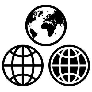May include: A set of three circular icons featuring black and white designs. The top icon displays a detailed map of the world. The bottom left icon shows a simple grid of latitude and longitude lines. The bottom right icon is a solid black globe.