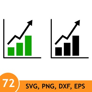 Op de afbeelding: Twee staafdiagrammen met stijgende lijngrafieken. Het linker diagram heeft groene staven en een zwarte lijn, terwijl het rechter diagram volledig zwart is. Onderaan staat een oranje cirkel met het getal 72 en de tekst SVG, PNG, DXF, EPS.