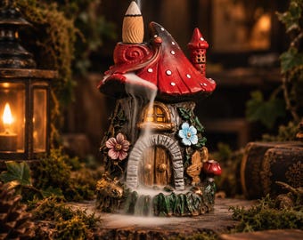 Quemador de incienso con forma de casa de setas, soporte para incienso de reflujo, decoración de casita de hadas, decoración de bosque encantado, regalo para el hogar estilo cottagecore