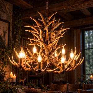 May include: A chandelier constructed from numerous brown, textured deer antlers arranged in a multi-tiered, radial design. The fixture features several upright, candle-shaped light bulbs emitting a warm glow, suspended by a metal chain.