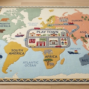 Multicolor World Map Kids Rug | Hand Tufted Wool Nursery Playroom Rug | Educational Decor