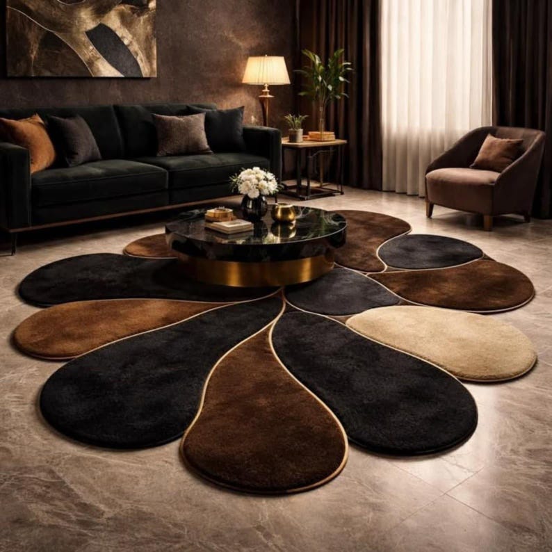 Black Brown Cream Floral Rug, Handmade Modern Abstract 100% New Zealand ...