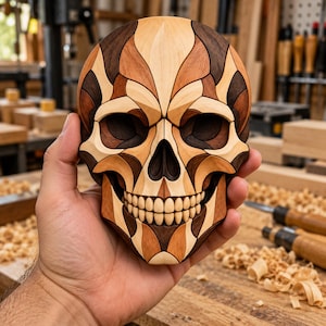 May include: A decorative skull sculpture crafted from multiple types of wood in varying shades of light, medium, and dark brown. The object features a complex, segmented design with smooth, interlocking pieces that form the anatomical structure.