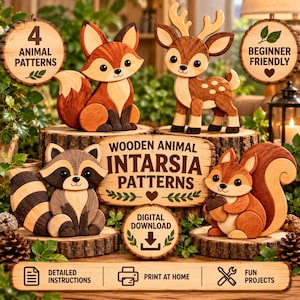 4 Animal Intarsia Woodworking Patterns, Digital Download