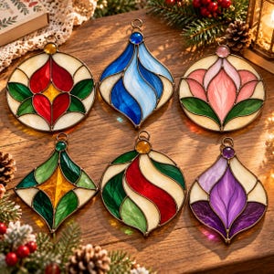 May include: Six stained glass ornaments with metal frames. The collection includes circular and teardrop shapes featuring red, blue, pink, green, yellow, and purple glass panels arranged in floral, wave, and geometric patterns.