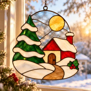 May include: A stained glass suncatcher featuring a winter scene with a green pine tree covered in white snow, a small house with a red roof and chimney, a yellow sun, and a brown path. The design includes a sprig of holly with red berries.