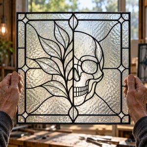 May include: A square stained glass panel featuring a black leaded frame. The design is split vertically, with a detailed botanical leaf pattern on the left side and a human skull profile on the right side, all set against clear textured glass.