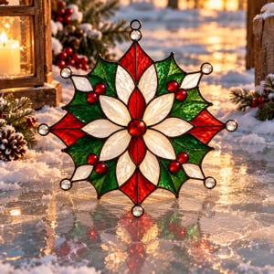 May include: A star-shaped stained glass ornament featuring a central red circular gem surrounded by alternating white, red, and green glass petals. The design includes small red glass berries and clear crystal accents at each point of the star.