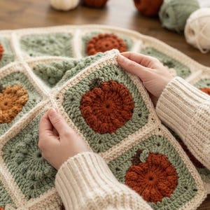 Puede incluir: Una manta de ganchillo hecha a mano compuesta por motivos cuadrados con diseños de calabazas en relieve y texturizadas en hilo naranja quemado, verde salvia y crema. Los cuadrados están unidos con bordes crema, creando un patrón de calabazas.
