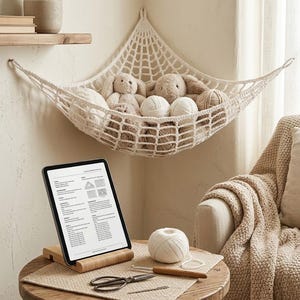 May include: A cream-colored crocheted corner hammock suspended on a wall, holding two plush stuffed animals and several balls of yarn. On the table below, a tablet on a wooden stand displays a crochet pattern, alongside a ball of yarn and scissors.