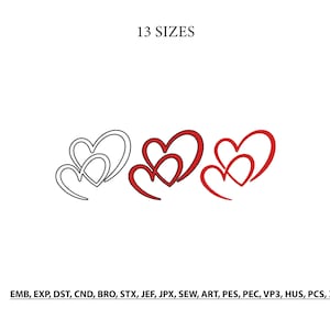 Puede incluir: Un diseño de bordado digital que presenta tres conjuntos de contornos de corazones superpuestos. El primer conjunto es negro, mientras que el segundo y el tercero son rojos. El texto 13 SIZES aparece arriba y los formatos de archivo EMB, EXP, DST, CND, BRO, STX, JEF, JPX, SEW, ART, PES, PEC, VP3, HUS, PCS, XXX se enumeran en la parte inferior.