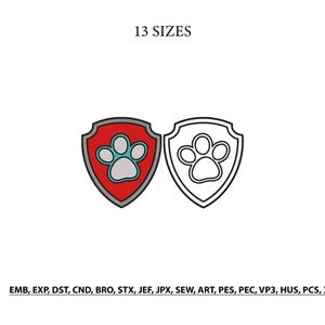May include: An embroidery design featuring two shield-shaped emblems with a central paw print. One emblem is filled with red and light blue, while the other is a black outline. The text 13 SIZES appears above, and file formats are listed below.