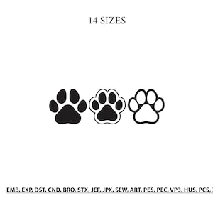 Könnte beinhalten: Drei schwarz-weiße Pfotenabdruck-Designs, die horizontal angeordnet sind. Der Text 14 SIZES erscheint oben, und eine Liste von Dateiformaten einschließlich EMB, EXP, DST, CND, BRO, STX, JEF, JPX, SEW, ART, PES, PEC, VP3, HUS, PCS, XXX steht unten.