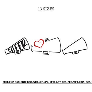 May include: Three black and white line art megaphone designs arranged horizontally. The first megaphone features the word CHEER, the second includes a red heart outline, and the third is a plain outline. Text reads 13 SIZES and file formats.