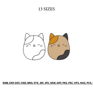 May include: An embroidery design featuring two cat illustrations, one as a black outline and one filled with tan, orange, and dark gray colors. The text 13 SIZES appears at the top, and the file formats EMB, EXP, DST, CND, BRO, STX, JEF, JPX, SEW, ART, PES, PEC, VP3, HUS, PCS, XXX are listed at the bottom.