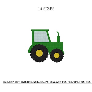 Puede incluir: Un diseño de bordado de tractor verde con neumáticos negros, centros de rueda amarillos y una ventana gris claro. El texto 14 SIZES aparece sobre el tractor, y los formatos de archivo EMB, EXP, DST, CND, BRO, STX, JEF, JPX, SEW, ART, PES, PEC, VP3, HUS, PCS, XXX se enumeran debajo.