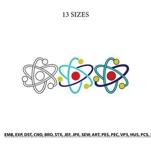 May include: A digital graphic featuring three atom symbols in a row. The first is a black outline, the second is colored with a red center and teal and dark blue orbits, and the third is identical. Text reads 13 SIZES and EMB, EXP, DST, CND, BRO, STX, JEF, JPX, SEW, ART, PES, PEC, VP3, HUS, PCS, XXX.