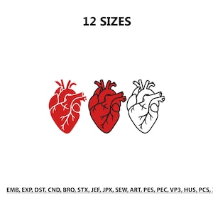 Może przedstawiać: Cyfrowy wzór haftu przedstawiający trzy ilustracje serc anatomicznych w kolorze czerwonym i białych konturach. Tekst 12 SIZES znajduje się na górze, a lista formatów plików, w tym EMB, EXP, DST, CND, BRO, STX, JEF, JPX, SEW, ART, PES, PEC, VP3, HUS, PCS, XXX, znajduje się na dole.
