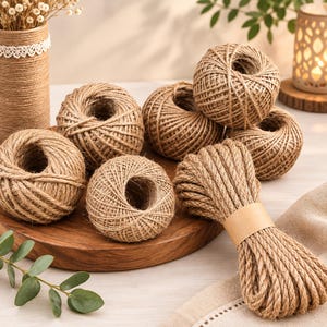 May include: A collection of natural brown jute twine, featuring five spherical balls of varying sizes and one cylindrical bundle secured with a plain tan paper band, all arranged together on a circular wooden surface.