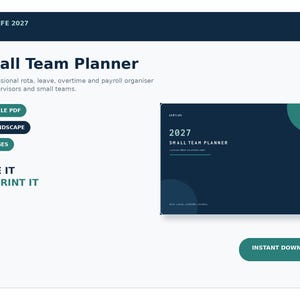 Peut inclure: Un planificateur d'équipe 2027 au format A4 paysage. L'interface bleu foncé et sarcelle affiche le texte SHIFTLIFE 2027, Small Team Planner, Fillable PDF, 25 Pages, et Type It Or Print It. Cet outil sert à organiser les plannings et la paie.