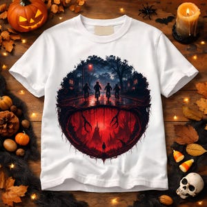 Puede incluir: Una camiseta blanca de manga corta con un estampado gráfico circular. La mitad superior muestra cuatro siluetas montando en bicicleta por una calle suburbana oscura de noche. La mitad inferior representa un paisaje rojo y cavernoso.