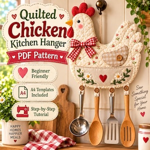 Könnte beinhalten: Ein gesteppter Küchenaufhänger in Hühnerform mit roter Vichy-Schleife, Blumenstickerei und vier Holzknöpfen zum Aufhängen von Utensilien. Der Text lautet Quilted Chicken Kitchen Hanger PDF Pattern, Beginner Friendly, A4 Templates Included und Step-by-Step Tutorial.