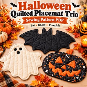 Può includere: Un cartamodello PDF intitolato Halloween Quilted Placemat Trio che mostra un pipistrello nero, un fantasma color crema e una zucca nera con accenti arancioni. Il testo recita Halloween Quilted Placemat Trio Sewing Pattern PDF Bat Ghost Pumpkin.