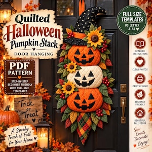 Quiltad Halloween-pumpad dörrhängare PDF-mönster, häxhatt höstdekor, A4-storlek i full storlek och mallar för amerikanska bokstäver