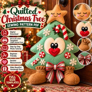 Puede incluir: Un patrón de costura PDF para árbol de Navidad de fieltro con un árbol verde, una estrella beige, cara en forma de corazón, bastón de caramelo, caramelos y copos de nieve blancos. El árbol lleva botas beige y un lazo a rayas.