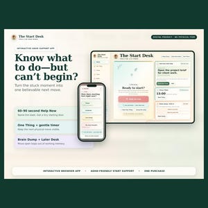 ADHD Task Starter Browser App, Focus Timer and Printable Start Cards