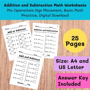 Peut inclure: Trois feuilles de calcul mathématiques blanches avec du texte noir présentant des problèmes d'addition et de soustraction. Un cercle jaune indique 25 Pages. Des rectangles violet et rose indiquent Size: A4 and US Letter et Answer Key Included.