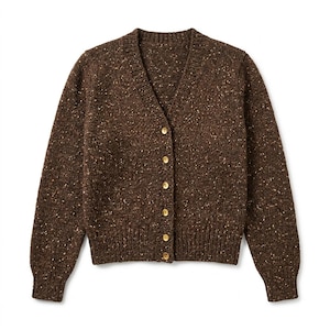 May include: A dark brown V-neck cardigan sweater featuring a speckled texture with small flecks of tan and cream throughout. The garment has long sleeves, a ribbed hem and cuffs, and a front button closure with six round, light-colored buttons.