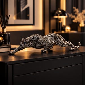 Leopard Statue, Black Silver Panther Sculpture, Modern Home Decor