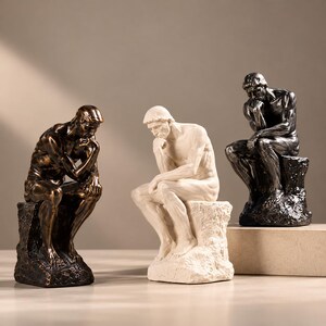 Puede incluir: Tres esculturas de una figura sentada en pose contemplativa, cada una sobre una base texturizada similar a una roca. Una escultura tiene un acabado en bronce metálico, otra en blanco mate y la tercera en un acabado gris oscuro metálico.