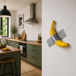 Könnte beinhalten: Eine leuchtend gelbe Banane ist mit einem Streifen silbernem Klebeband an einer schlichten weißen Wand befestigt. Die Banane ist diagonal ausgerichtet, wobei der Stiel nach oben zeigt, was einen starken Kontrast zur glatten, neutralen Fläche bildet.