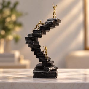 Peut inclure: Une sculpture décorative représentant un escalier en colimaçon formé par des livres noirs empilés. Trois petites figurines humaines de couleur dorée sont placées sur les marches, dont une au sommet, les bras levés en signe de victoire.