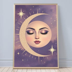 Celestial Moon Face Print, Purple Gold Glitter