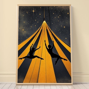 Puede incluir: Una impresión de arte mural rectangular vertical que muestra dos siluetas negras de acróbatas aéreos actuando sobre cuerdas frente a una gran carpa de circo con rayas amarillo dorado y azul oscuro bajo un cielo nocturno lleno de estrellas.