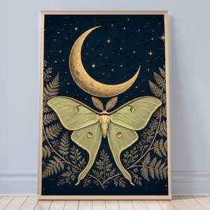 Può includere: Una stampa artistica da parete verticale incorniciata che raffigura una grande falena luna verde pallido sotto una mezzaluna dorata. Lo sfondo è un cielo blu scuro notturno con piccole stelle dorate e fronde di felce dorate.