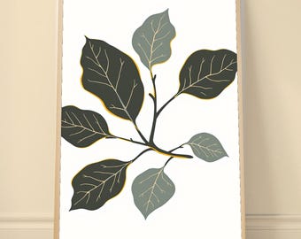 Botanical Leaf Branch Print, Sage Green Gold Line Art