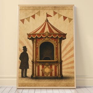 Puede incluir: Un póster de estilo vintage que muestra una taquilla de circo a rayas rojas y blancas con detalles dorados ornamentados. La silueta de una persona con sombrero de copa y abrigo largo se encuentra a la izquierda. Banderines rojos cuelgan arriba.