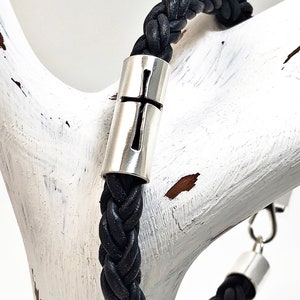横向きクロスブレスレット - 信仰の十字架ブレスレット - レザーカフメンズ - 信仰ジュエリー - クリスチャン - スターリングシルバークロスレザーブレスレット