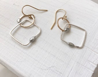 Circles and Squares - Dangle Earrings - Square Drop Earrings