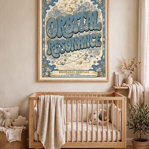 Può includere: Un poster da parete incorniciato con il testo ORBITAL RESONANCE in grandi lettere stilizzate blu e oro. Il design include illustrazioni dettagliate di pianeti, motivi cosmici vorticosi e un nastro con testo in italiano nella parte inferiore.