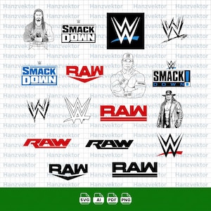May include: A collection of WWE graphic designs featuring various logos and illustrations of wrestlers including Roman Reigns, John Cena, and The Undertaker. The set includes multiple versions of the SmackDown and Raw logos in black, white, and red.