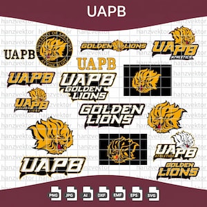 May include: A collection of University of Arkansas at Pine Bluff Golden Lions logos and text graphics in yellow, black, and white. The designs include the UAPB acronym, the Golden Lions team name, and a stylized lion head mascot in various layouts.