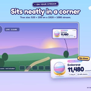 May include: A digital overlay graphic for live streams featuring a purple and white information box labeled Emberpup with 11,480 encounters. The text reads Sits neatly in a corner, True size: 520 x 200 on a 1920 x 1080 stream, and Example scene - not included.