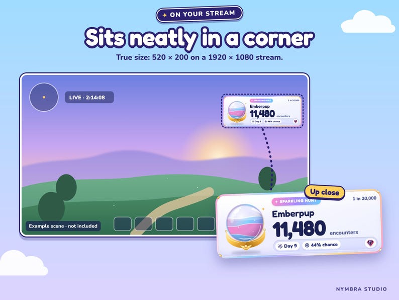 May include: A digital overlay graphic for live streams featuring a purple and white information box labeled Emberpup with 11,480 encounters. The text reads Sits neatly in a corner, True size: 520 x 200 on a 1920 x 1080 stream, and Example scene - not included.