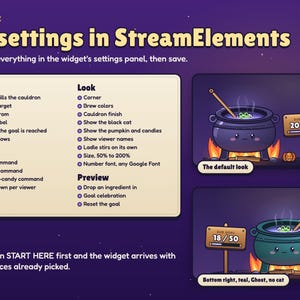 Brewhaha's 22 StreamElements settings grouped as Goal, Look, Chat and Preview, next to the default look and a bottom-right teal cauldron with the Ghost brew and no cat.